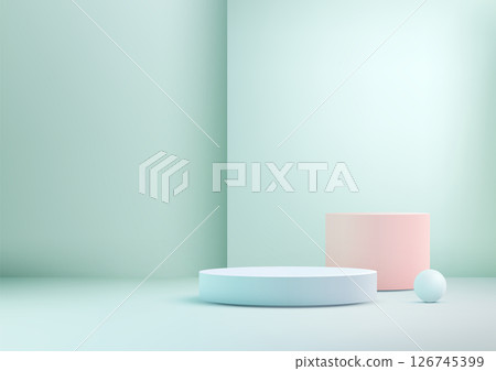 minimalist 3d scene with pastel blue podium pink platform soft blue sphere mockup product display showcase 126745399