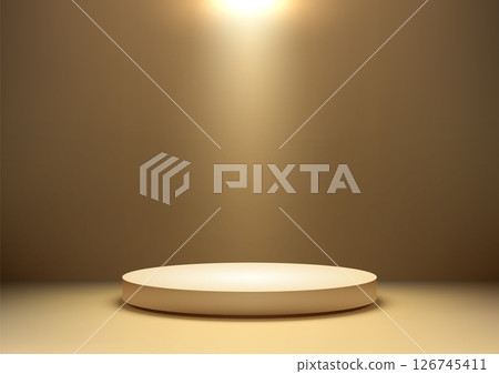 minimalist beige 3d round stage platform illuminated by spotlight award ceremony product display mockup 126745411