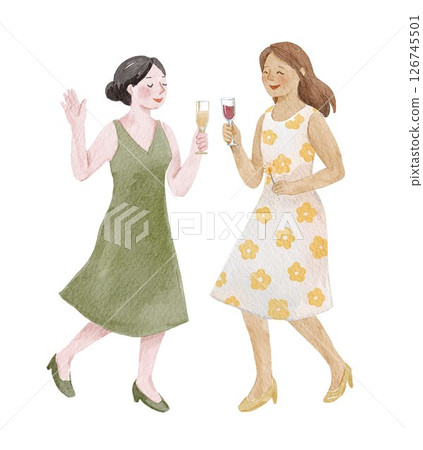 Watercolor hand drawn illustration of women dancing and celebrating at a party with drinks. Perfect for party, holiday, or festive themes. Watercolor hand drawn illustration of women dancing and celebrating at a party with drinks. Perfect for party, holiday, or festive themes. 126745501