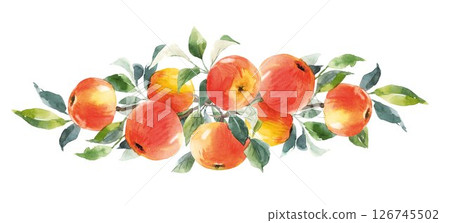 Watercolor apple border with green leaves hand-painted fruit clipart for packaging, textiles, and decor 126745502