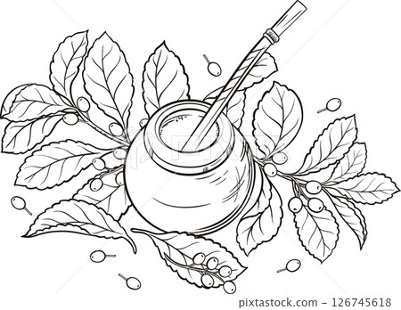 Mate Tea in Calabash and Yerba Mate Branch  Isolated for Design and Decoration for Cafeteria, Posters, Banners, Cards. Aroma Beverage Outline Illustration.  126745618