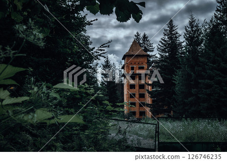 A tall, unfinished brick tower stands forgotten in the forest, surrounded by towering pine trees. 126746235