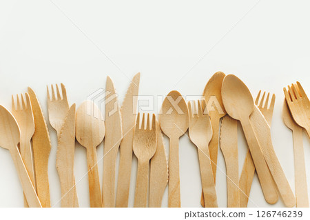 Disposable Wooden Cutlery on White Background 126746239