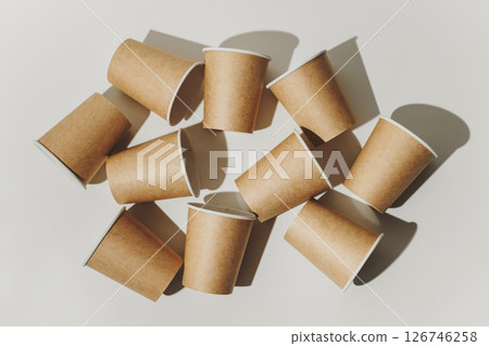 Many Recyclable Cardboard Disposable Cups on White. 126746258