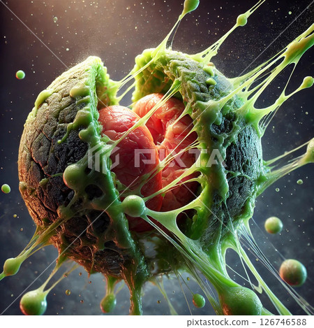 背景流行 3D 標誌圖示插畫球體！黏糊糊的恐怖球！內臟菌球！漫畫和遊戲風格的紅色和綠色 126746588