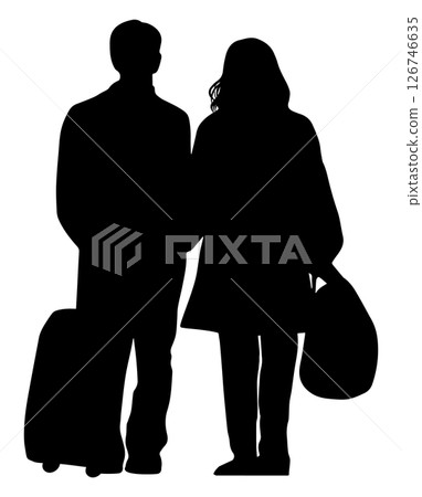 Silhouette of a couple standing arm in arm at the airport Silhouette of a couple standing arm in arm at the airport 126746635