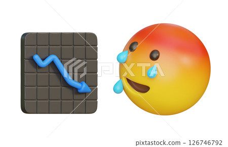 Sad emoticon looking at a downward graph 3D Icon 126746792