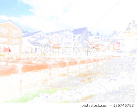 草津溫泉湯畑的街道景觀。插圖風格的照片。 126746798