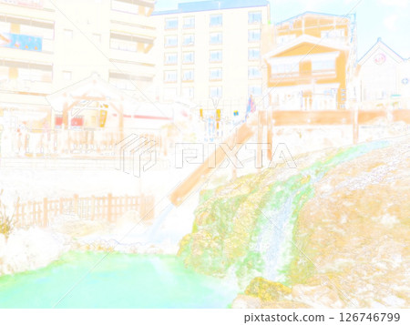 草津溫泉湯畑的街道景觀。插圖風格的照片。 126746799