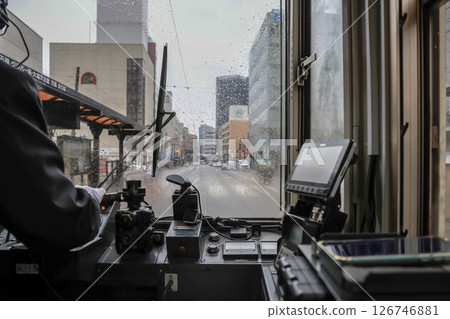 March 28 2025 Urban Tram Journey in Rainy Weather Viewed, Driver Cabin, Japan 126746881