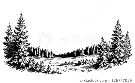 Black and white hand drawn pencil sketch of a landscape in a graphic style on a white background. vector silhouette concept 126747039