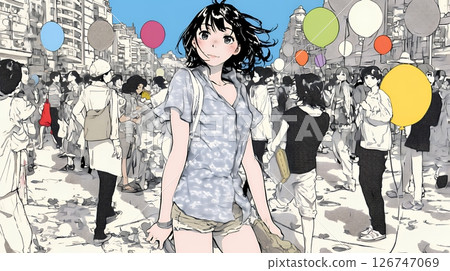 A young woman returning from a festival 126747069