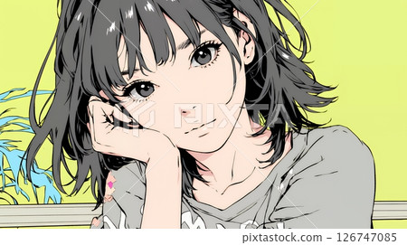 Smiling young woman resting her chin on her hand Smiling young woman resting her chin on her hand 126747085