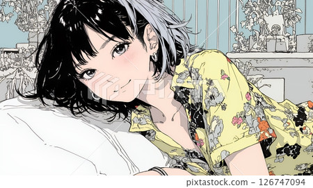 young woman relaxing in bed 126747094