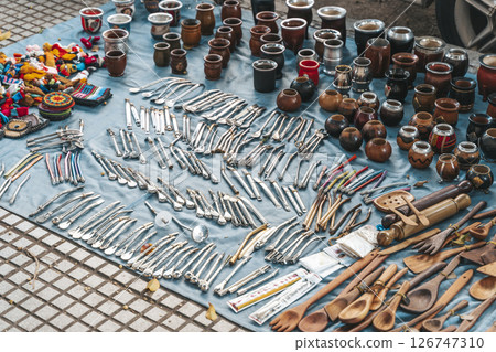 Traditional Mate Gourds and Bombillas for Sale on Buenos Aires Street Market 126747310