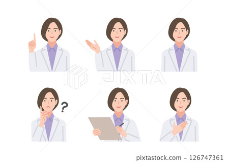 穿白大褂的女人，一組常見的姿勢，純色 126747361