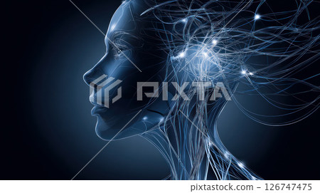 Robot woman face with wires. Digital cyborg. Artificial intelligence concept. Artificial Intelligence, Futuristic Digital Technology, Metaverse of Digital Intelligent World Robot woman face with wires. Digital cyborg. Artificial intelligence concept. Artificial Intelligence, Futuristic Digital Technology, Metaverse of Digital Intelligent World 126747475