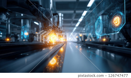 Robot in a high-tech manufacturing facility with glowing interfaces and metal surfaces reflecting light. Artificial Intelligence, Futuristic Digital Technology, Metaverse of Digital Intelligent World 126747477
