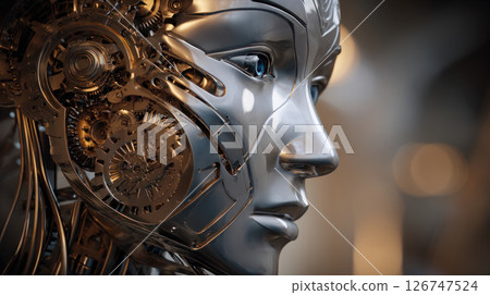 Close-up of a robotic face with sophisticated mechanical features, illuminated by soft lighting. Artificial Intelligence, Futuristic Digital Technology, Metaverse of Digital Intelligent World Close-up of a robotic face with sophisticated mechanical features, illuminated by soft lighting. Artificial Intelligence, Futuristic Digital Technology, Metaverse of Digital Intelligent World 126747524