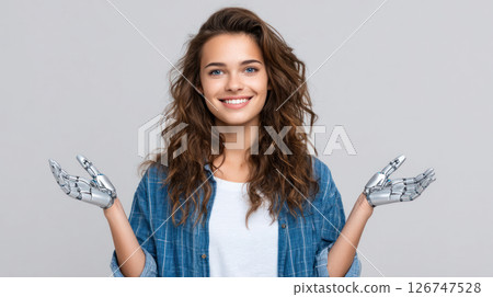 Beautiful smiling girl with robot hands on a light background, transplantation. Artificial Intelligence, Futuristic Digital Technology, Metaverse of Digital Intelligent World 126747528