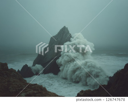 Powerful Waves Crashing Against Coastal Cliffs in Fog 126747678