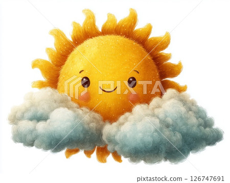 Smiling Sun Peeking From Fluffy Clouds 126747691