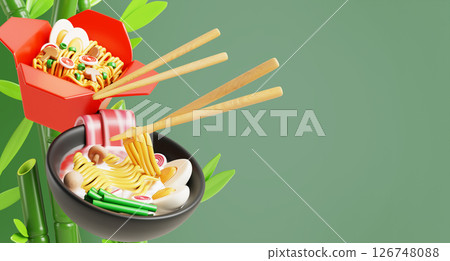 Asian food advertising banner. Bamboo green background with noodle Wok in red paper box, ramen soup in bowl with meat, egg and chopsticks. Chinese, Korean, Japanese restaurant menu. 3D illustration Asian food advertising banner. Bamboo green background with noodle Wok in red paper box, ramen soup in bowl with meat, egg and chopsticks. Chinese, Korean, Japanese restaurant menu. 3D illustration 126748088