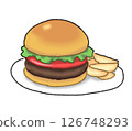 Hamburger and fries on a plate 126748293