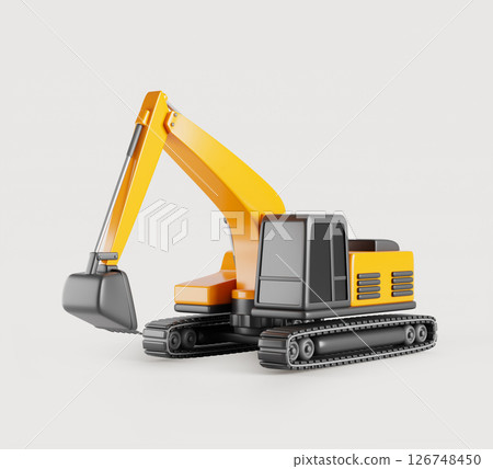 Yellow hydraulic excavator 3d render icon. Heavy industrial machinery, caterpillar backhoe with bucket and arm. JCB digger for construction, mining and excavation engineering works. 3D illustration 126748450
