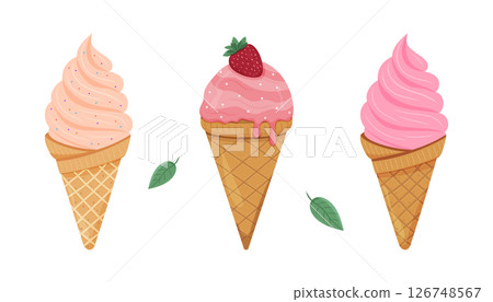 Delicious ice cream cones with strawberry topping and vibrant pink flavors Delicious ice cream cones with strawberry topping and vibrant pink flavors 126748567