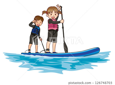 Parents and children enjoying SUP on the lake 126748703