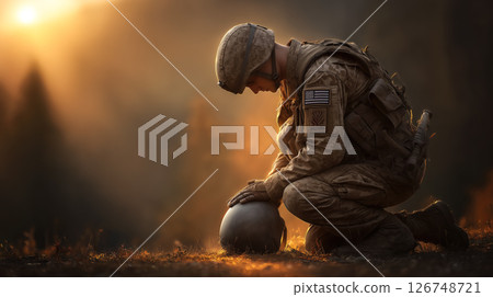 A soldier kneels in prayer, holding his helmet under golden sunlight. The concept of reflection, sacrifice, and honoring fallen comrades. Generative AI. 126748721
