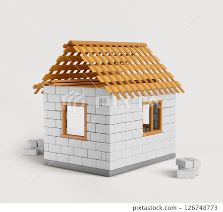 3d family house under construction. Suburban building exterior with white block walls, wooden roof, concrete foundation and stacks of bricks. Process construction, unfinished cottage. 3D illustration 3d family house under construction. Suburban building exterior with white block walls, wooden roof, concrete foundation and stacks of bricks. Process construction, unfinished cottage. 3D illustration 126748773
