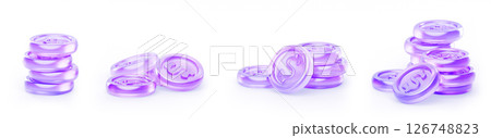 3d stack of glass holographic coin of different size. Purple gradient dollar money in pile. Financial, bank game or casino cash treasure. Render circular currency, profit and wealth. 3D illustration 126748823