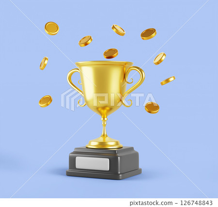 Game award goblet, golden trophy cup on black pedestal for ui design. Cartoon 3d render icon of winner prize with flying gold coins. Championship or competition achievement bonus. 3D illustration 126748843