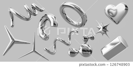 Chrome y2k abstract shapes 3d render icon set. Silver sparkle inflatable heart, star, spiral line, ring, hexagon. Liquid metal metaball of steel or mercury. Retro futuristic objects. 3D illustration 126748903