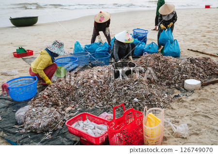 Vietnamese female saleswomen sort seafood on Tam Tien Fish Market on the beach by the sea in Vietnam 126749070