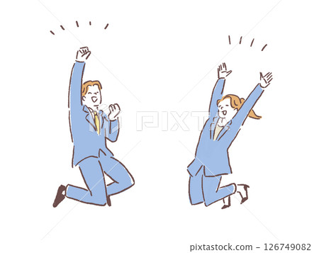 Men and women in suits jumping with smiles, joy Men and women in suits jumping with smiles, joy 126749082