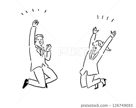 Men and women in suits jumping with smiles, joy, line drawing 126749083