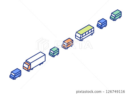 交通阻塞向量插圖。排成一排並陷入交通堵塞的汽車、卡車和巴士的剪貼畫。 126749116