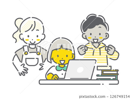 孩子們透過網路快樂地學習——簡單可愛的線條畫插圖 126749154