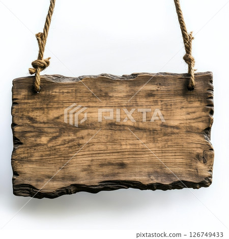 Wooden Hanging Sign Board Close Up with Natural Textures and Tone Wooden Hanging Sign Board Close Up with Natural Textures and Tone 126749433