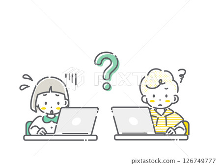 Children learning using the internet: simple and cute line drawing illustrations Children learning using the internet: simple and cute line drawing illustrations 126749777