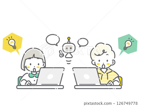 孩子利用AI快樂學習-簡潔可愛的線條插畫 孩子利用AI快樂學習-簡潔可愛的線條插畫 126749778