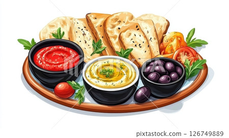Mediterranean Mezze Platter with Hummus and Pita Bread Delights 126749889