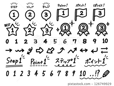 Numbers, illustrations, icons, material, set, handwritten, monochrome 126749929