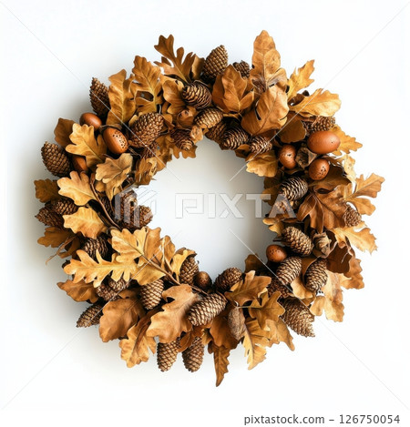 Autumn Wreath with Golden Leaves and Acorns on White Background 126750054
