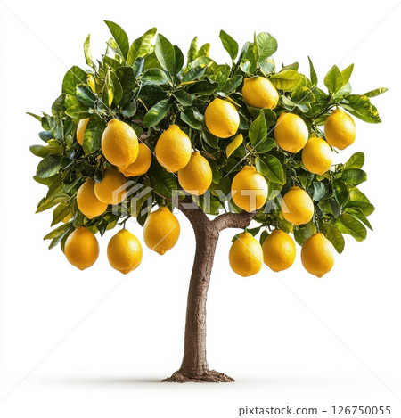 Bright Yellow Lemons on Lush Green Tree in Vibrant Setting Bright Yellow Lemons on Lush Green Tree in Vibrant Setting 126750055