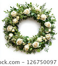 Charming Wreath of Small White Roses Surrounded by Greenery 126750097