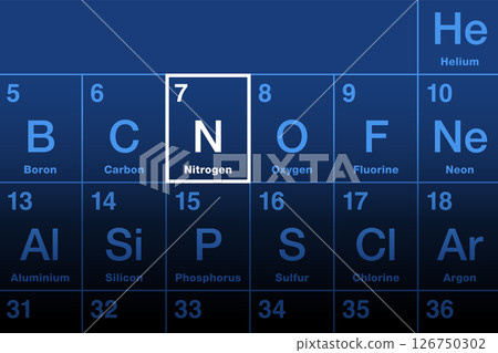Nitrogen, chemical element on the periodic table of elements, with atomic number 7 and symbol N from the Greek nitron and genes, meaning nitre-forming. As gas it forms 78 percent of Earths atmosphere. Nitrogen, chemical element on the periodic table of elements, with atomic number 7 and symbol N from the Greek nitron and genes, meaning nitre-forming. As gas it forms 78 percent of Earths atmosphere. 126750302